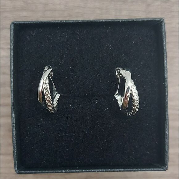 Platinum Plated Criss Cross 925 Sterling Silver Huggies Earrings - Picture 2 of 11